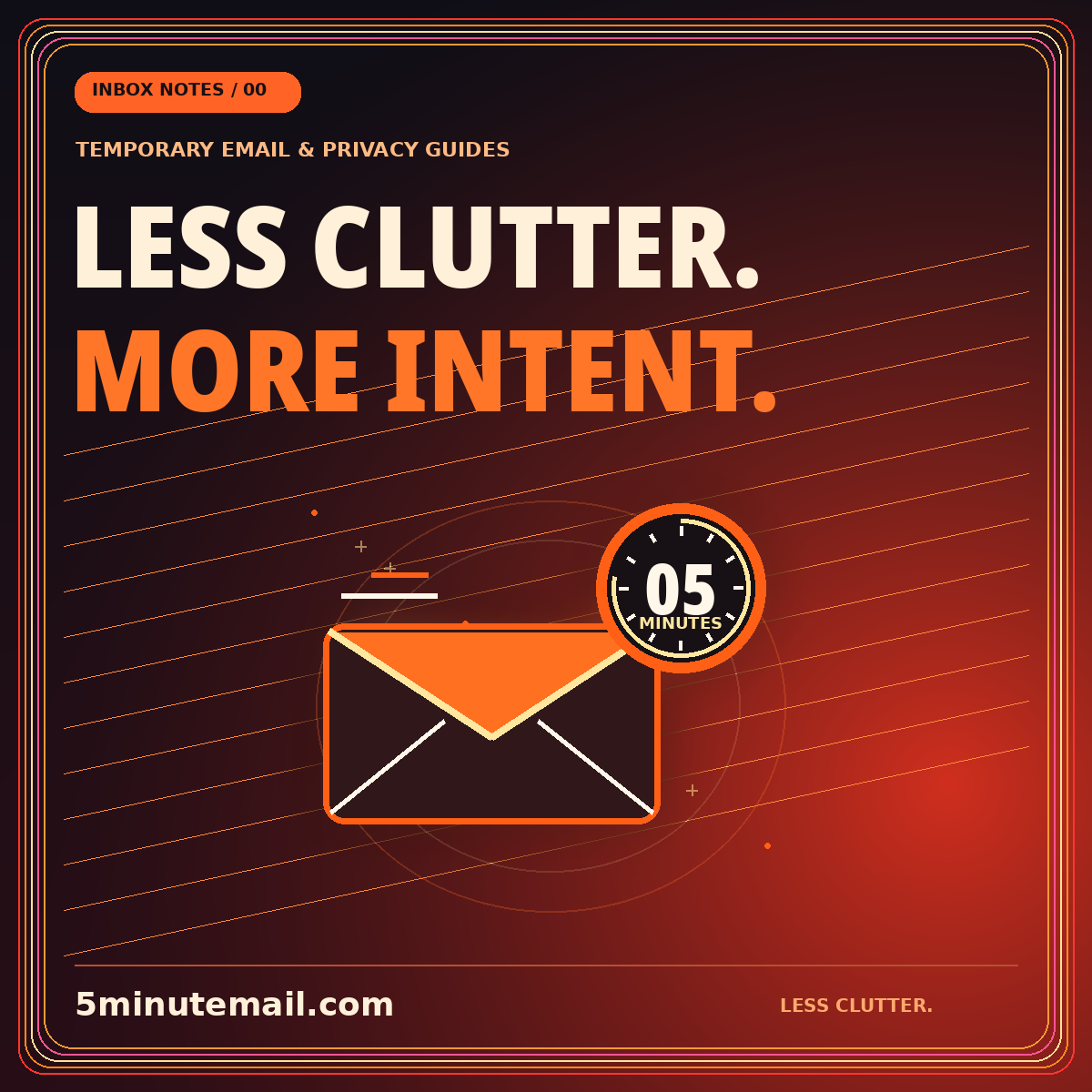 Less clutter, more intent: an envelope and five-minute clock in a neon pinstripe frame